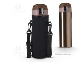Porta Copo ou Garrafa isotérmica de metal prateado e preto, com design moderno e tecnologia digital. O objeto possui fecho de