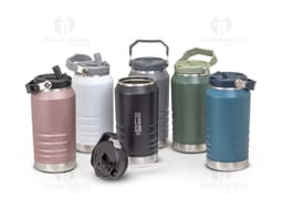 Garrafa térmica de 1,1 litros em metal prateado, com design em aço inoxidável e acabamento preto brilhante. Possui capacidade