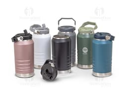Garrafa térmica de 1,1 litros em metal prateado, com design em aço inoxidável e acabamento preto brilhante. Possui capacidade