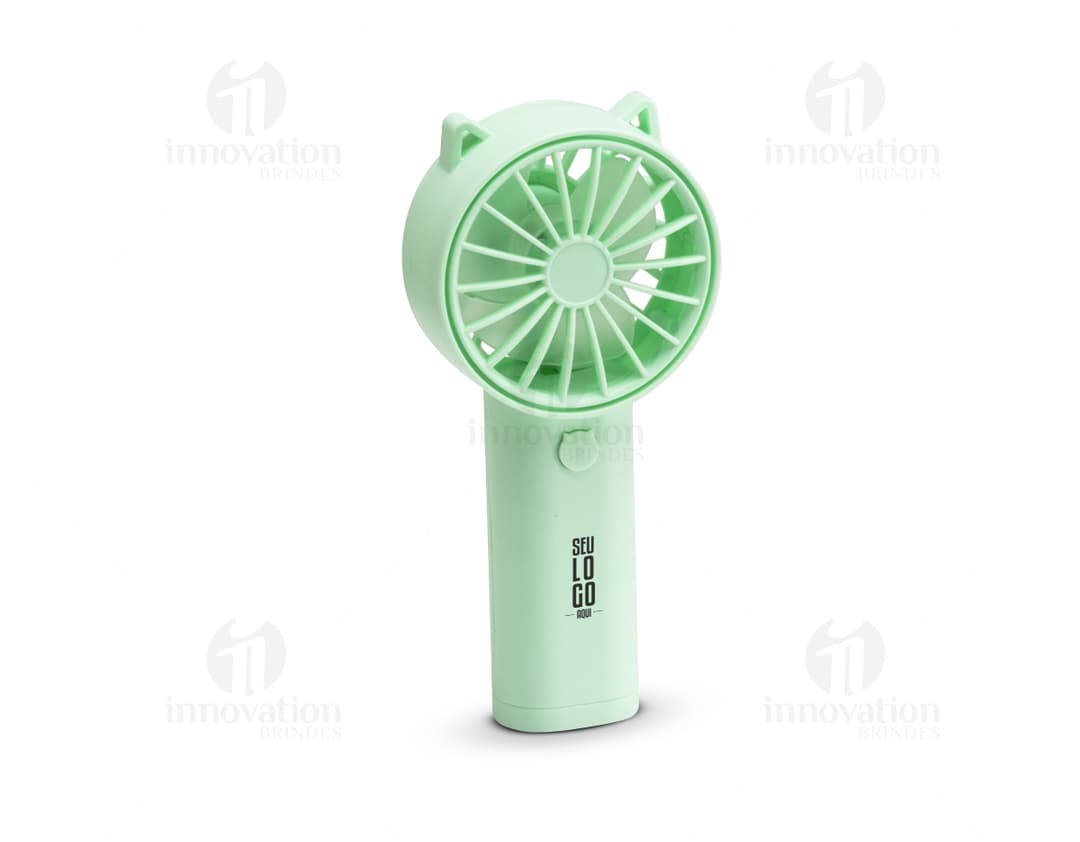 Mini Ventilador elétrico de design vintage em forma de garrafa de vidro transparente com detalhes prateados e amarelos. O