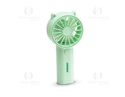 Mini Ventilador elétrico de design vintage em forma de garrafa de vidro transparente com detalhes prateados e amarelos. O