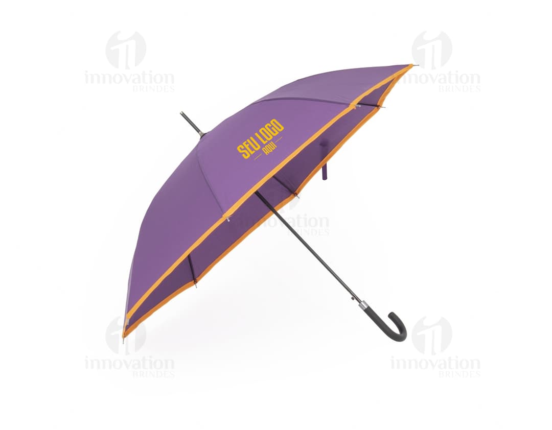Guarda-chuva manual em poliéster com aço, design colorido em laranja e amarelo, com uma combinação de cores vibrantes. Possui
