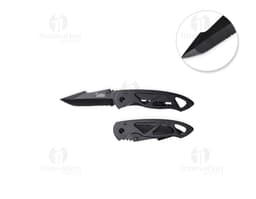Canivete Metálico em metal prateado e preto, estilo moderno e design compacto. Ideal para uso em escritório, casa ou