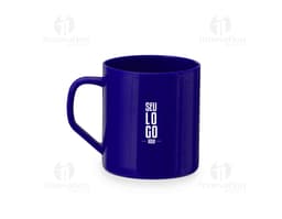 Caneca plástica amarela de 400ml, com design clean e brilhante. Mug vazia com handle preto, ideal para café da manhã.