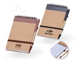 Bloco de anotações de 14x9 cm, feito de material isolante e de construção, em papel marrom. Vazio, com espaço para escrever e