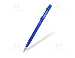 Caneta metálica rotativa azul em close-up, com design moderno e brilhante. Ideal para uso no escritório, escola ou em