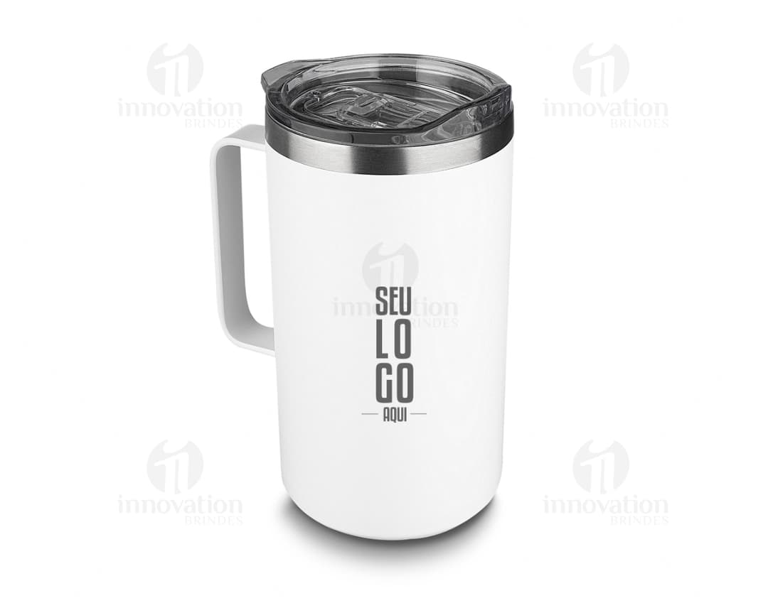 Caneca térmica 750ml em metal cromado, com design moderno e tecnológico. A imagem mostra o objeto vazio em um estúdio com