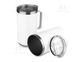 Caneca térmica 750ml em metal cromado, com design moderno e tecnológico. A imagem mostra o objeto vazio em um estúdio com