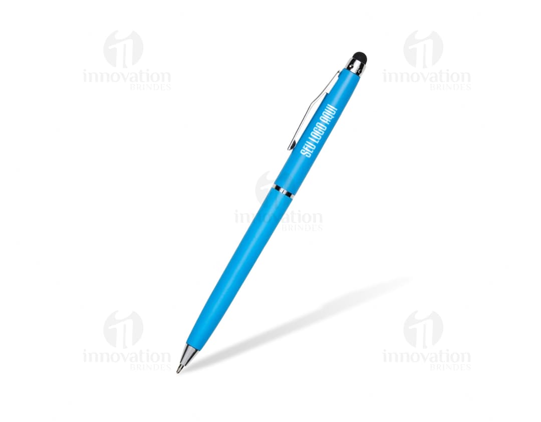Caneta plástica touch, ideal para brindes personalizados! Design moderno e funcional, com ponta touch para utilizar em