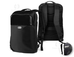 Mochila premium para notebook em couro preto, com porta USB integrada. Equipamento moderno e sofisticado, ideal para viagens