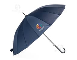 Guarda-chuva amarelo 3D com 16 varetas, abertura automática, cone de proteção e cabo preto. Imagem ilustrativa de um
