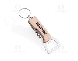 Chaveiro abridor multifunções em metal prateado, com design de guitarra e cordas, contendo também um saca-rolhas.