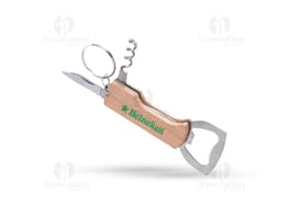 Chaveiro abridor multifunções em metal prateado, com design de guitarra e cordas, contendo também um saca-rolhas.
