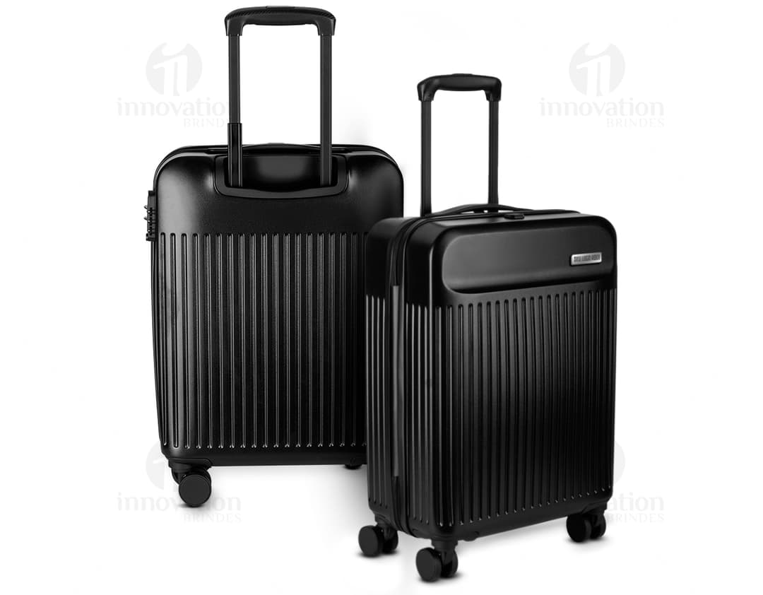 Mala de viagem ABS preta com design moderno, equipada com USB e carrinho. Ideal para transportar equipamentos e dispositivos