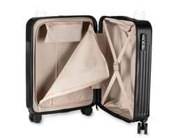 Mala de viagem ABS preta com design moderno, equipada com USB e carrinho. Ideal para transportar equipamentos e dispositivos
