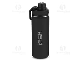 Garrafa de aço inoxidável de 570ml, contendo líquido. Objeto de higiene pessoal, limpo e de metal brilhante. Possui tampa e