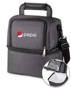 Bolsa térmica com 2 compartimentos em couro preto e metal, estilo moderno e elegante. Possui alça de couro, fecho de metal e