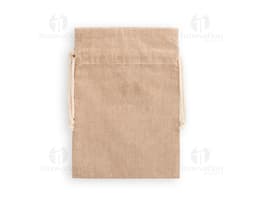 Saquinho de algodão vintage em tecido marrom texturizado com fechamento de cordão de algodão.textContent