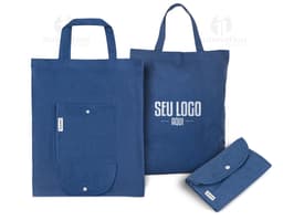 Sacola dobrável preta em couro com alça, ideal para compras e negócios. Possui fecho de zíper, estilo elegante e moderno.