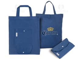 Sacola dobrável preta em couro com alça, ideal para compras e negócios. Possui fecho de zíper, estilo elegante e moderno.
