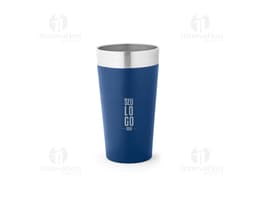 container de metal em 3D, copo térmico 540 mL brilhante em cor prateada e amarela, sem conteúdo, objeto de cuidado e design