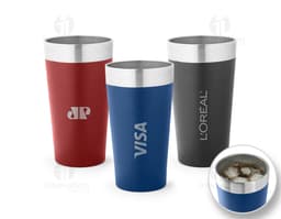container de metal em 3D, copo térmico 540 mL brilhante em cor prateada e amarela, sem conteúdo, objeto de cuidado e design