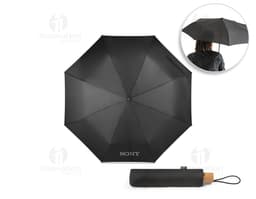 Guarda-chuva rPET pongee com pega, apresentado em uma caixa de presente colorida com laço. O guarda-chuva é brilhante e