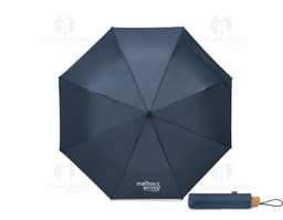 Guarda-chuva rPET pongee com pega, apresentado em uma caixa de presente colorida com laço. O guarda-chuva é brilhante e