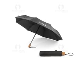 Guarda-chuva rPET pongee com pega, apresentado em uma caixa de presente colorida com laço. O guarda-chuva é brilhante e