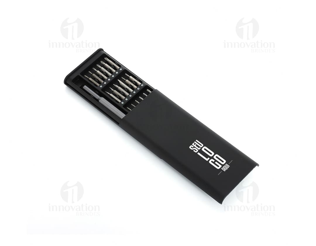 Kit ferramenta 25 peças com estojo preto, contendo equipamentos de tecnologia, como notebook, servidor e computador desktop.