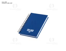 Capa emborrachada da Agenda 2025 em azul marinho com detalhes dourados e elástico para fechamento.