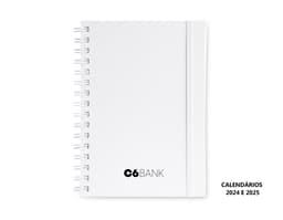 Caderno Planner preto com páginas em branco e marcador de páginas colorido.