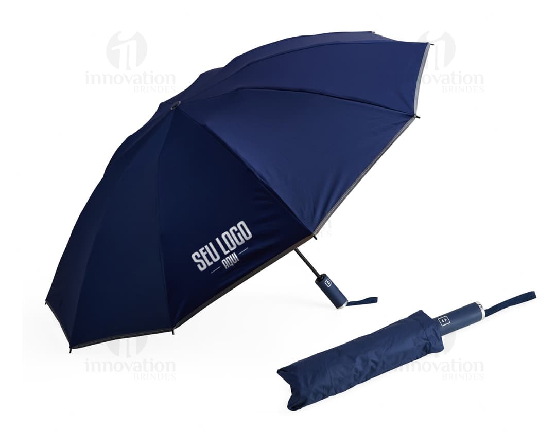Uma imagem de um guarda-chuva auto poliéster impermeável, em destaque, com tecido preto, durável e resistente à água, ideal