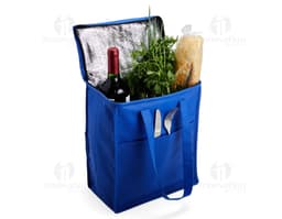 Bolsa térmica de 9 litros em couro marrom, com fecho de zíper, alça de transporte e design elegante. Ideal para manter