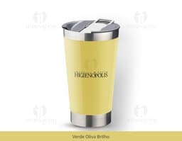 Copo Térmico Brilho e Cores Especiais em tons de amarelo e laranja, transparente e com efeito de reflexo. O copo é ideal para