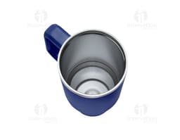 Caneca térmica inox 1,2L c/ tampa em metal prateado, vazia e limpa. A imagem mostra um objeto redondo e brilhante, com tampa