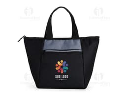 Bolsa térmica preta 7L com zíper, alças em couro e design moderno. Ideal para transporte de alimentos e bebidas mantendo a