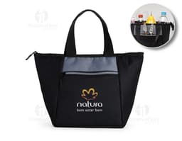 Bolsa térmica preta 7L com zíper, alças em couro e design moderno. Ideal para transporte de alimentos e bebidas mantendo a