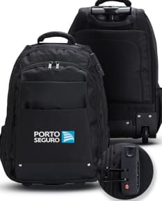 Mochila 27 Litros com Rodinhas preta de couro, equipamento moderno e elegante, com alças, zíper, fivela e rodinhas para fácil