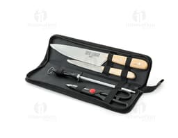 Kit Churrasco 4 Peças em Aço Inoxidável em Case de Couro - Ideal para um churrasco perfeito! Com faca, garfo, pegador e