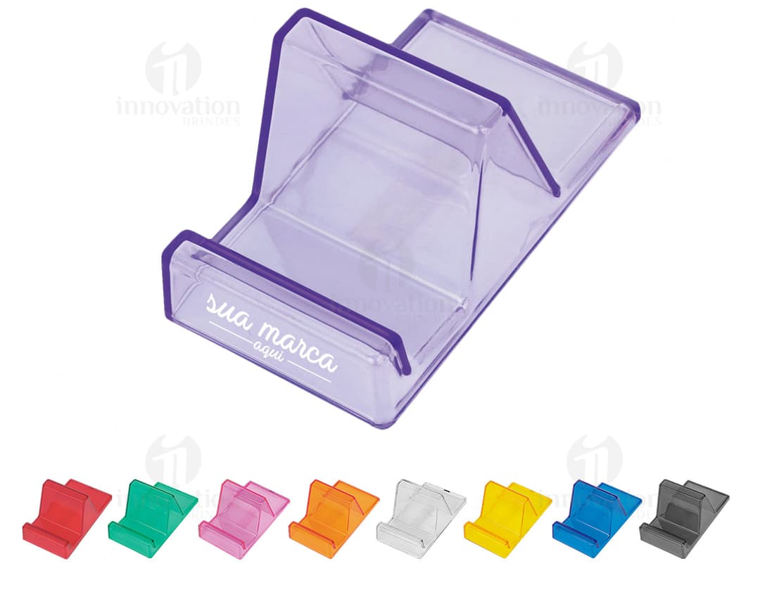 Suporte acrílico para celular em um escritório com computador, notebook, lápis, tela digital e outros equipamentos de