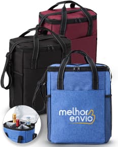 Bolsa térmica preta de couro com alça, ideal para viagens de negócios. Capacidade de 16L, fechamento em metal, moderna e