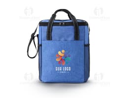 Bolsa térmica preta de couro com alça, ideal para viagens de negócios. Capacidade de 16L, fechamento em metal, moderna e
