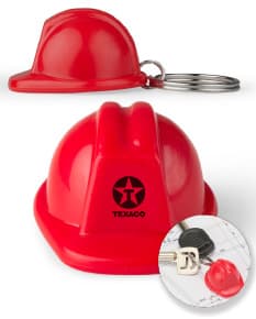 Chaveiro Capacete EPI em formatos de glass, button, icon e element, com design colorido e glossy. Item redondo e brilhante, amarelo e laranja, representando saúde e segurança no trabalho.