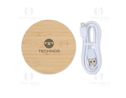 Carregador de indução com design em bambu e luz LED. Ideal para carregar dispositivos eletrônicos de forma prática e moderna.