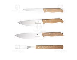 Kit churrasco inox com estojo de madeira, contendo faca, garfo, espátula e tesoura de churrasco. Ideais para preparar