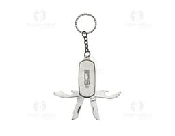 Chaveiro de metal com design elegante e funcional, contendo um canivete com 4 funções. Com detalhes em prata e ouro, ele