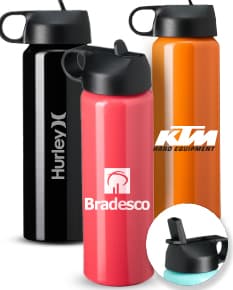 Squeeze de alumínio robusto com tampa flip, ideal para armazenar líquidos. O design é clean e elegante, com a tampa flip