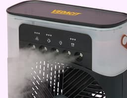 Climatizador USB retrô preto vintage para escritório ou estúdio de música. Design clássico e moderno, tecnologia digital
