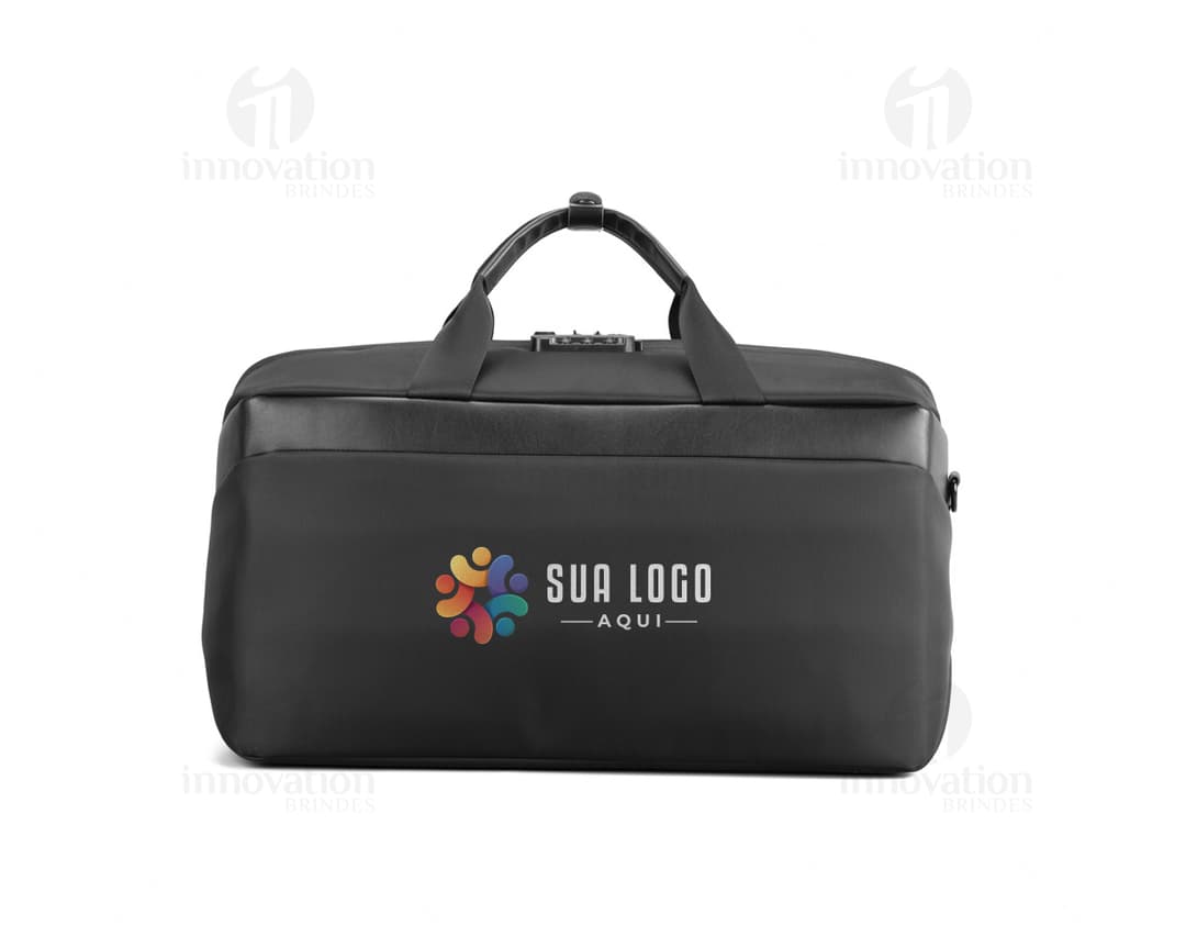 Mala executiva de couro preto com alça, fecho de zíper e compartimentos internos para guardar documentos e equipamentos